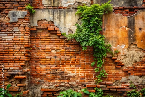 Weathered, rusty-red brick wall with crumbling mortar, worn corners, and scattered greenery, conveying a sense of age,