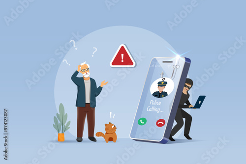 Cyber crime, phone crime calling. Fake police scammer calling senior man to lure and steal money from bank account. Cyber security awareness. Vector.