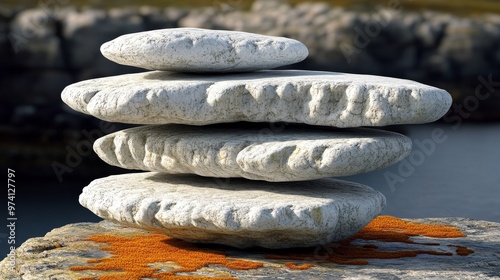 A serene stack of smooth stones balanced on a rocky surface near water, showcasing tranquility and harmony in nature.