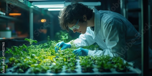 Scientist nurturing young plants in a controlled environment, emphasizing research and horticulture innovation.