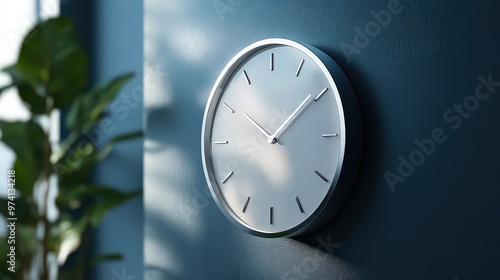  Minimalist silver wall clock hanging on a blue wall, casting soft shadows in natural light. A sleek and timeless design, perfect for modern interiors.