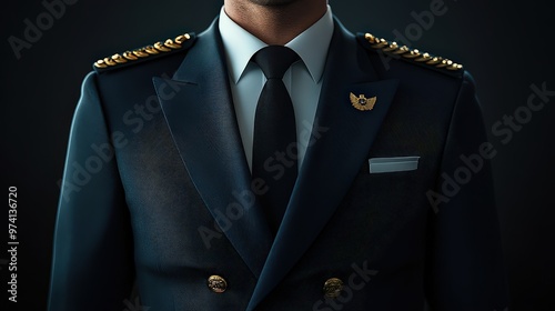  Close-up of airline pilot’s uniform with golden epaulettes and tie, representing authority, professionalism, and leadership in aviation.