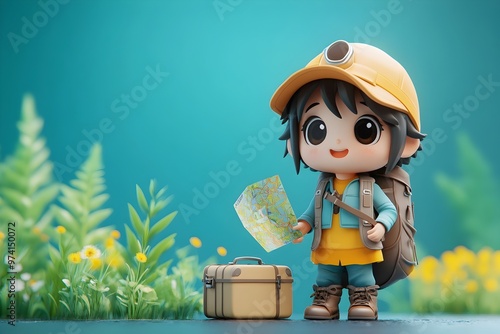 Chibi Traveler with Backpack and Map Exploring the Colorful Outdoors