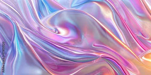 Banner background with Glossy iridescent pastel pink, blue, purple flowing fabric waves texture. Abstract holographic gradient textile pattern. Synthwave, Vaporwave, Retrowave, retro futurism style