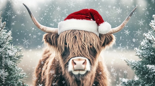 Highland Cow with Santa Hat