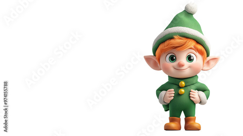 A joyful elf character dressed in green with orange hair stands, smiling with hands clasped