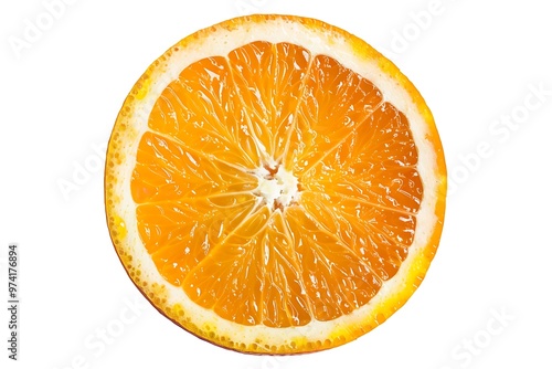 A close up of an orange slice isolated on white background