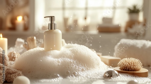 A sleek shower gel bottle atop fluffy foam, surrounded by candles and a loofah, invites relaxation.