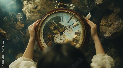 Young woman holding an antique clock with a reflected sky