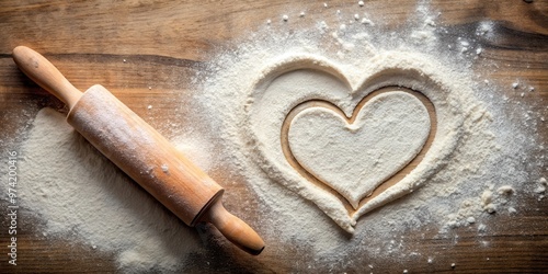 A baking background with a heart-shaped rolling pin and flour