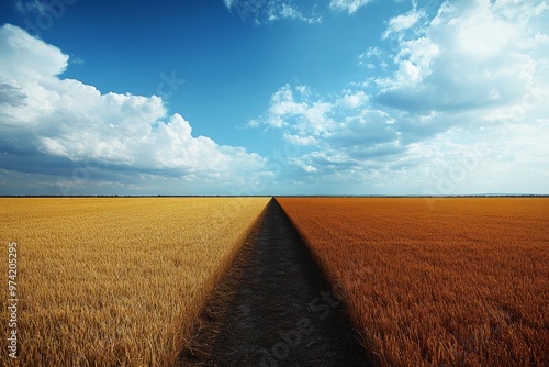 A straight dirt path cutting through vast golden wheat fields under a dramatic blue sky, symbolizing the divide between two different stages of harvest.