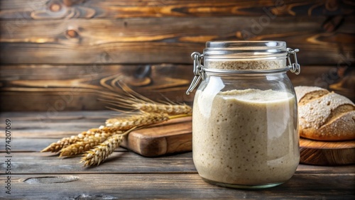 Rye and wheat sourdough starter in a glass jar on a wooden table