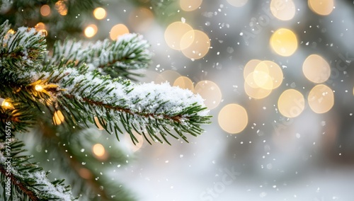 Close-up of green pine tree branches with snow and bokeh lights in the background, macro shot