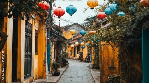 Quaint streets of Hoi An, Vietnam, with lanterns hanging above