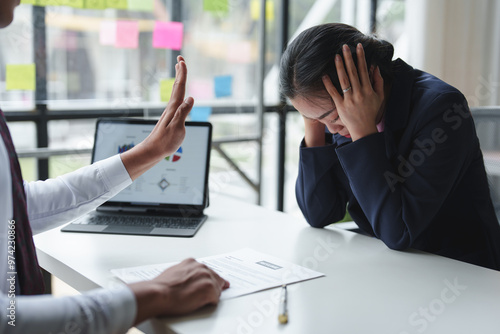 Employers, human resources executives explain their refusal to accept applicants at the interview room disappointment in intentions Inappropriate qualifications for the position employment concept.