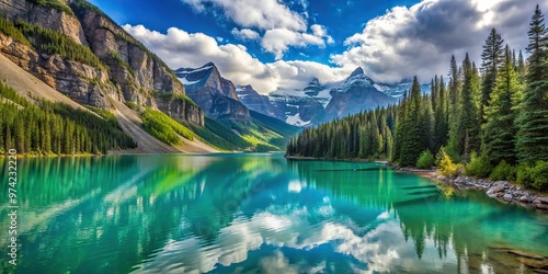 Turquoise waters of Lake Louise reflect the grandeur of surrounding Canadian Rockies, vibrant trees lining the lakeshore under a cerulean sky.