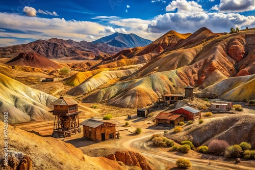 Rugged landscape of Calico, San Bernardino County, California, featuring rust-colored hills, abandoned mine shafts, and