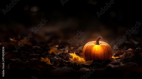  A small pumpkin sits in the heart of a leaf pile, illuminated by gentle light that caresses its features