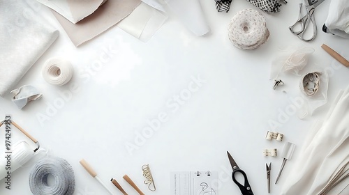 Flat Lay of Sewing Supplies with White Background