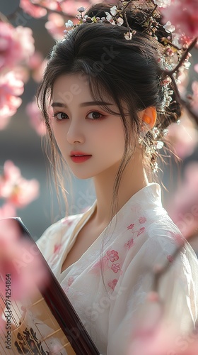 A beautiful ancient Chinese woman in Hanfu plays the guqin under peach blossom trees,