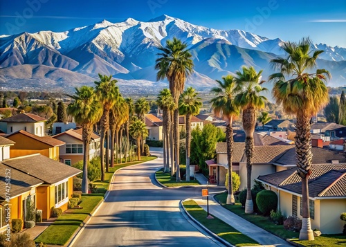 Sun-kissed suburban landscape of Fontana, California, with palm trees lining streets, single-family homes, and