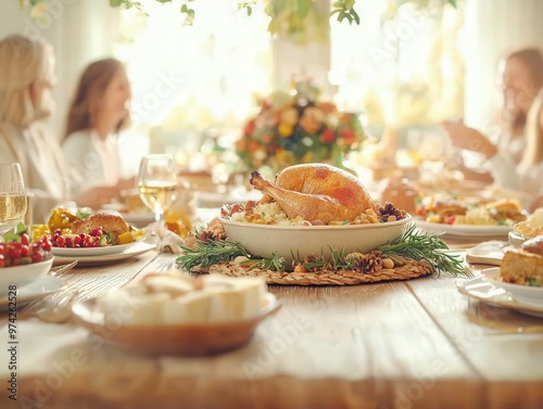 Thanksgiving family gathering around a festive dinner table