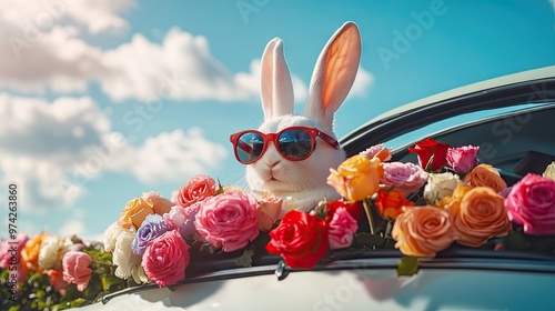 A cool Easter bunny in sunglasses peeks out of a car filled with colorful roses, adding a playful twist to the holiday.