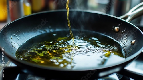 Leftover oil from frying stuck to the bottom of the pan