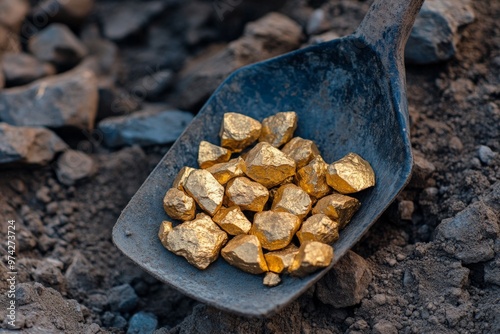 A shovel scooping up a collection of gold nuggets from the earth, highlighting the raw, natural state of the gold and the rugged mining environment it is found in.