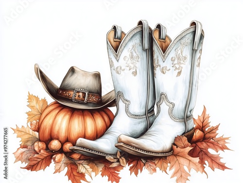 White cowboy boots alongside a pumpkin and autumn leaves in a seasonal arrangement