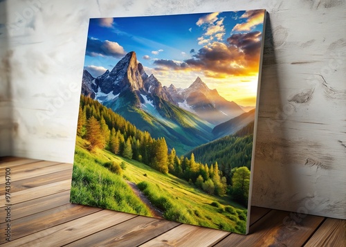 A vibrant, vertically-mounted foam board display showcases a striking photograph of a serene mountain landscape, surrounded by clean white edges and subtle shadows.