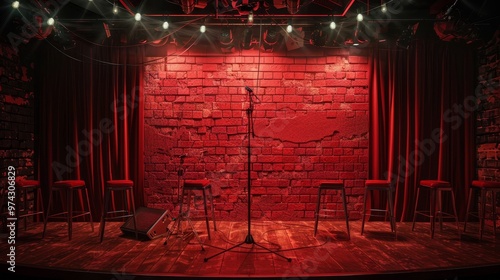 A dimly lit stage with red curtains, a brick wall backdrop, a microphone, and stools. Perfect for a comedy show, concert, or performance.