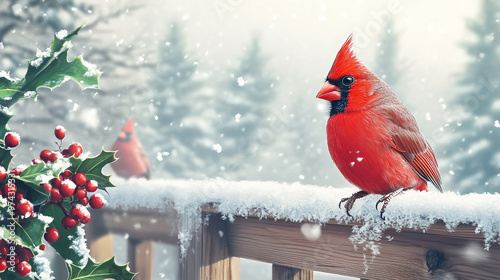 Christmas New Years greeting card with countryside winter scene. Red cardinal bird sitting on a fence covered with snow. Holly berry branches. Magical atmosphere. Design template with copy space