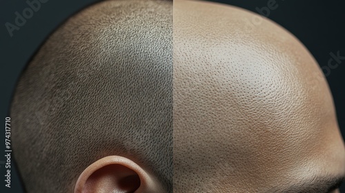 Close-up Side-by-Side Comparison of Scalp Micropigmentation Before and After Treatment, Revealing a Realistic Hairline Illusion