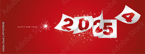 Happy new year 2025 and the end of 2024. Winter holiday greeting card design template on red background. New year 2025 and the end of 2024 on white calendar sheets and sparkle firework