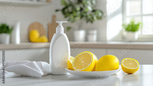 Lemon, cleaning liquid, and lotion on white table in bright kitchen for cleaning concept