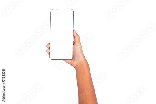 A girl's hand holds a separate smartphone on a white background, cutting the path. Content, do not let the child play with the phone too much.