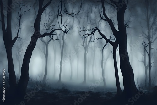 Tall trees silhouettes with jagged branches against the backdrop of fog creeping in forest, AI Generated