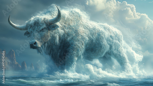 Mystical Water Bull Sea Monster Mythical Creature Ocean Cloud Stormy Sky Fantasy Digital Art