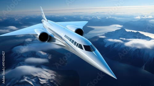 A sleek, futuristic jet plane soars above a breathtaking landscape of snow-capped mountains and fluffy clouds.