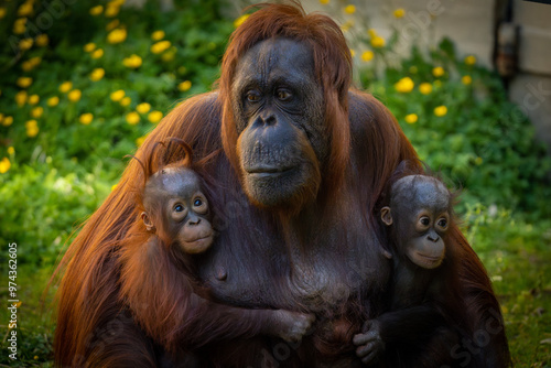 Female orangutan with children in arms