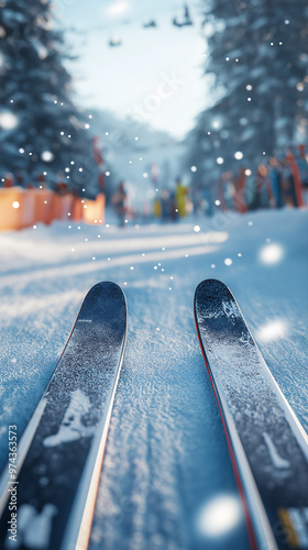 First-person view of ski tips on a snowy slope