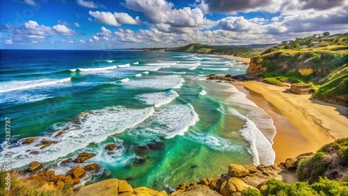 Sandy shores and turquoise waves crash against the rocky coastline of Cheviot Beach in Portsea, Mornington Peninsula, Victoria, Australia, on a sunny summer day.