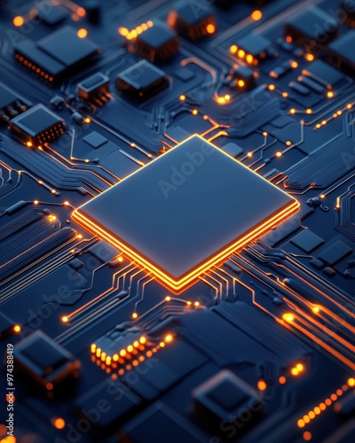 Close-up of a modern microchip on a circuit board, showcasing intricate patterns and vibrant orange lights for technological innovation.