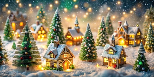 Sparkling snowflakes gently fall upon a quaint, intricately detailed miniature Christmas village, nestled among snow-covered evergreen trees and adorned with festive colorful lights and ornaments.