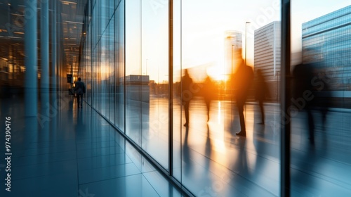 A sleek, modern building corridor with glass walls and reflections, showing blurred figures walking through, representing fast-paced and dynamic city life.