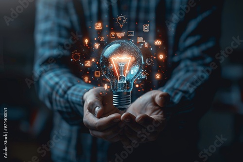 Businessman with glowing lightbulb and digital education icons representing innovative learning, study, and creative thinking for problem solving in business