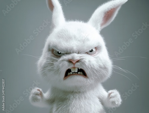 An animated white rabbit with an angry expression, showcasing its fierce personality and unique character design.