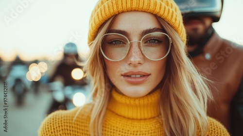 A young woman wearing a yellow knit hat and glasses looks confidently towards the camera, with several blurred motorcyclists in the background suggesting energy and motion.