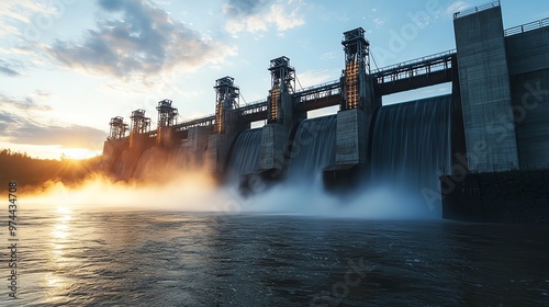 Large hydroelectric dam with water flowing over the spillway at sunset.